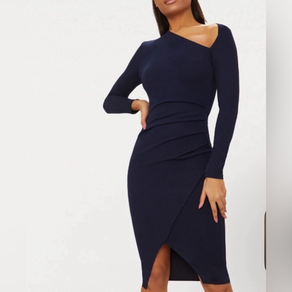 PrettyLittleThing NWT Navy Asymmetric Neck Wrap Midi Dress size 8